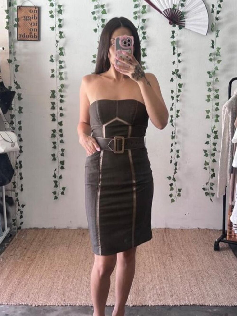 Bebe brown & tan strapless midi dress with removable belt size 2